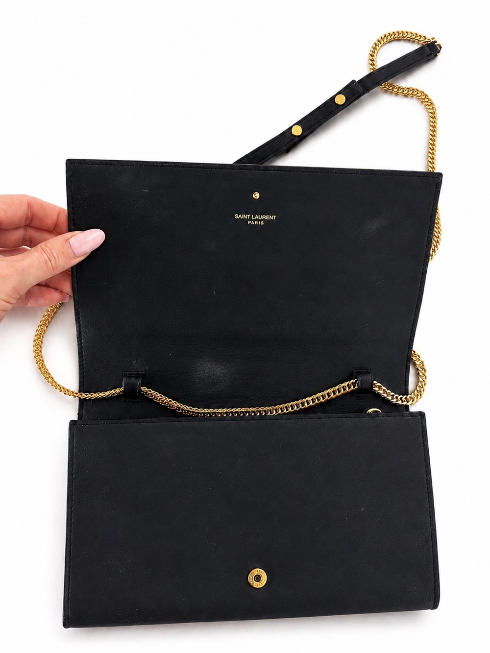 SAINT LAURENT Cassandre YSL Black Leather Chain Wallet Bag • Pre Owned - Picture 2 of 5